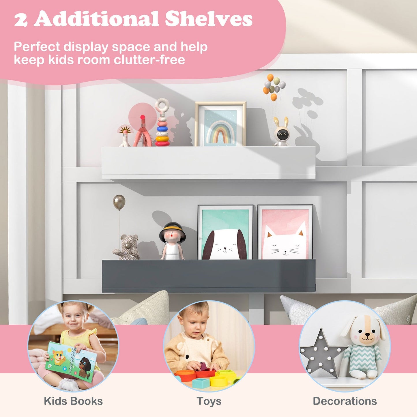 Twin Wood House Montessori Floor Bed with Shelves - Gray & White