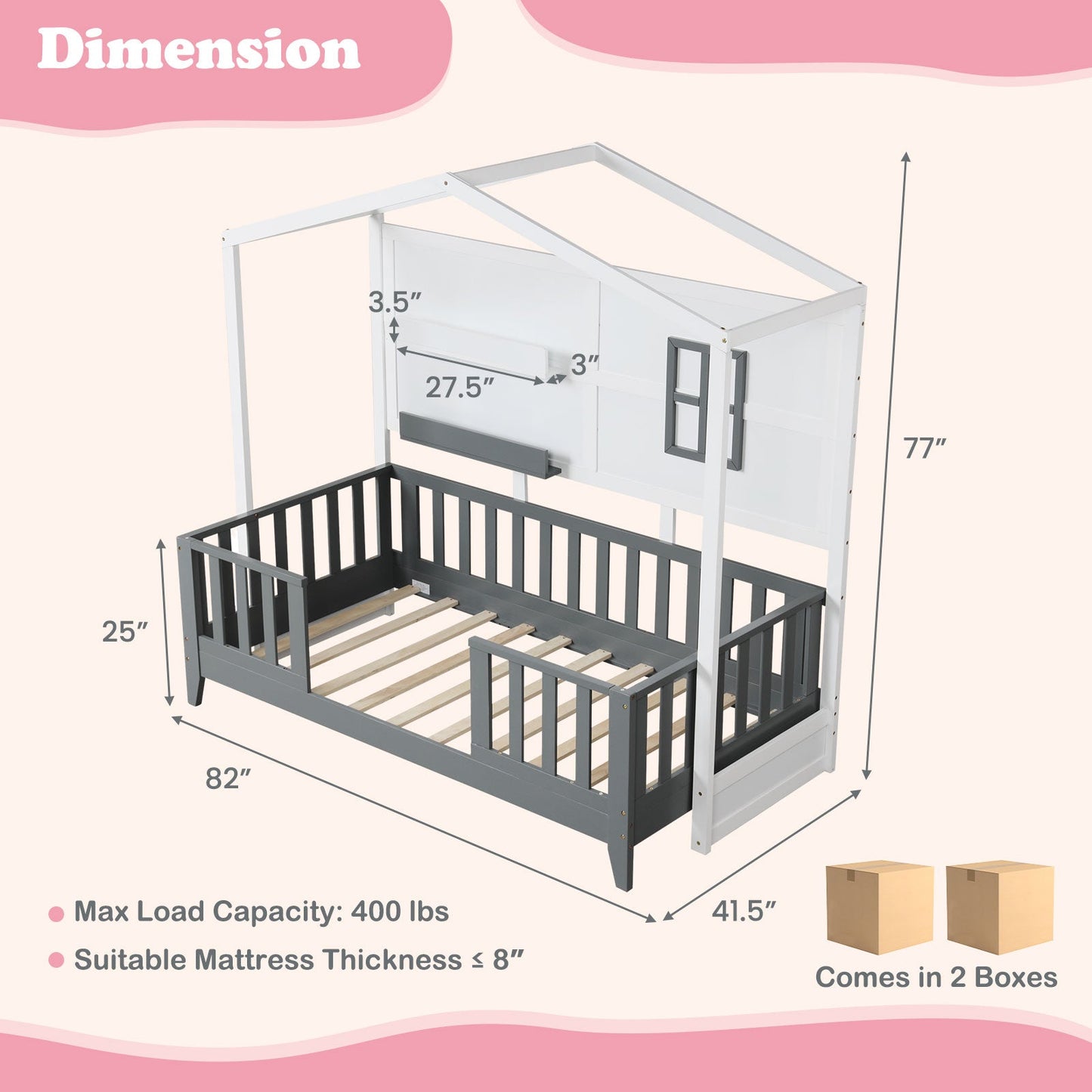 Twin Wood House Montessori Floor Bed with Shelves - Gray & White