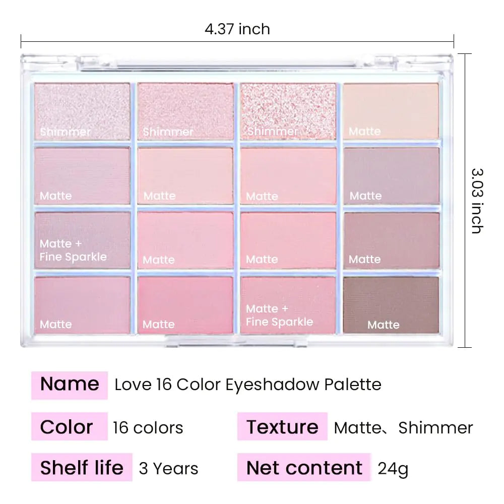 Palette de fards à paupières mates 16 couleurs rose nude taupe