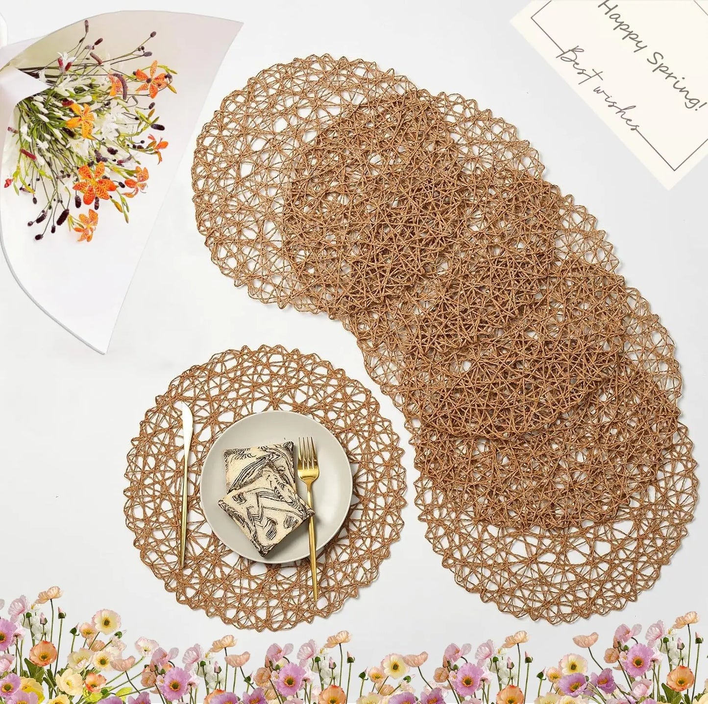 IcosaMro Set de 6 sous-assiettes rondes marron - Décor boho de 15 pouces