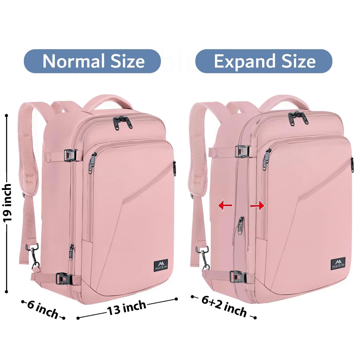 MATEIN Mochila de Viaje Rosa para Mujeres - Aprobada por Aerolíneas y Expandible