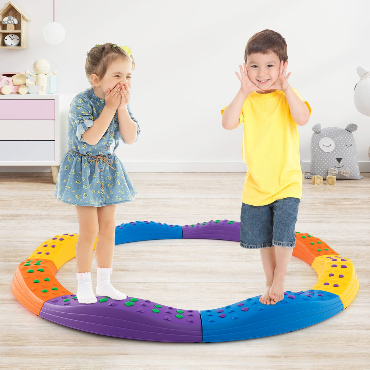 Poutre d'équilibre ondulée colorée pour enfants - Bleu et rose