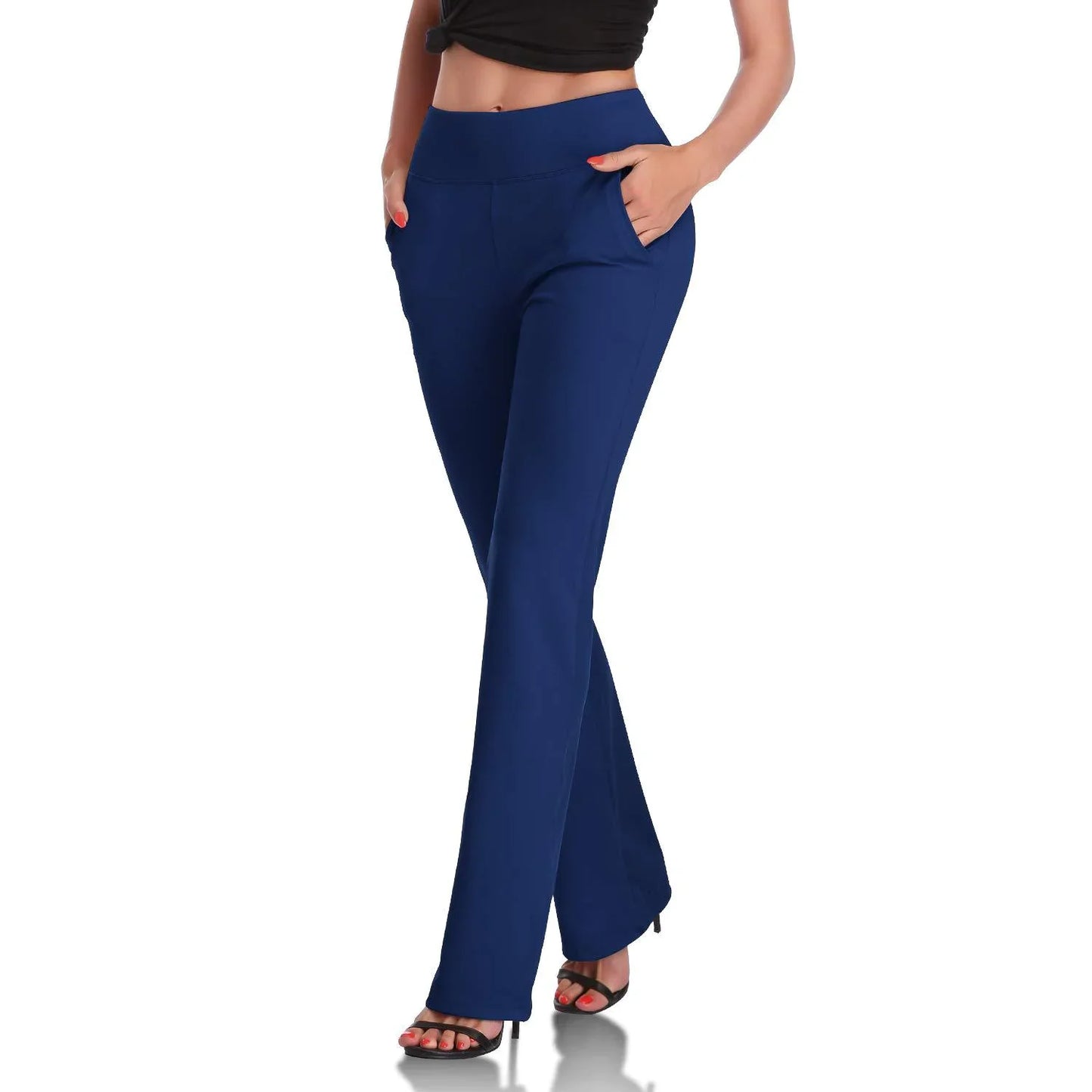 Pantalones de punto acampanados para mujer con bolsillos laterales