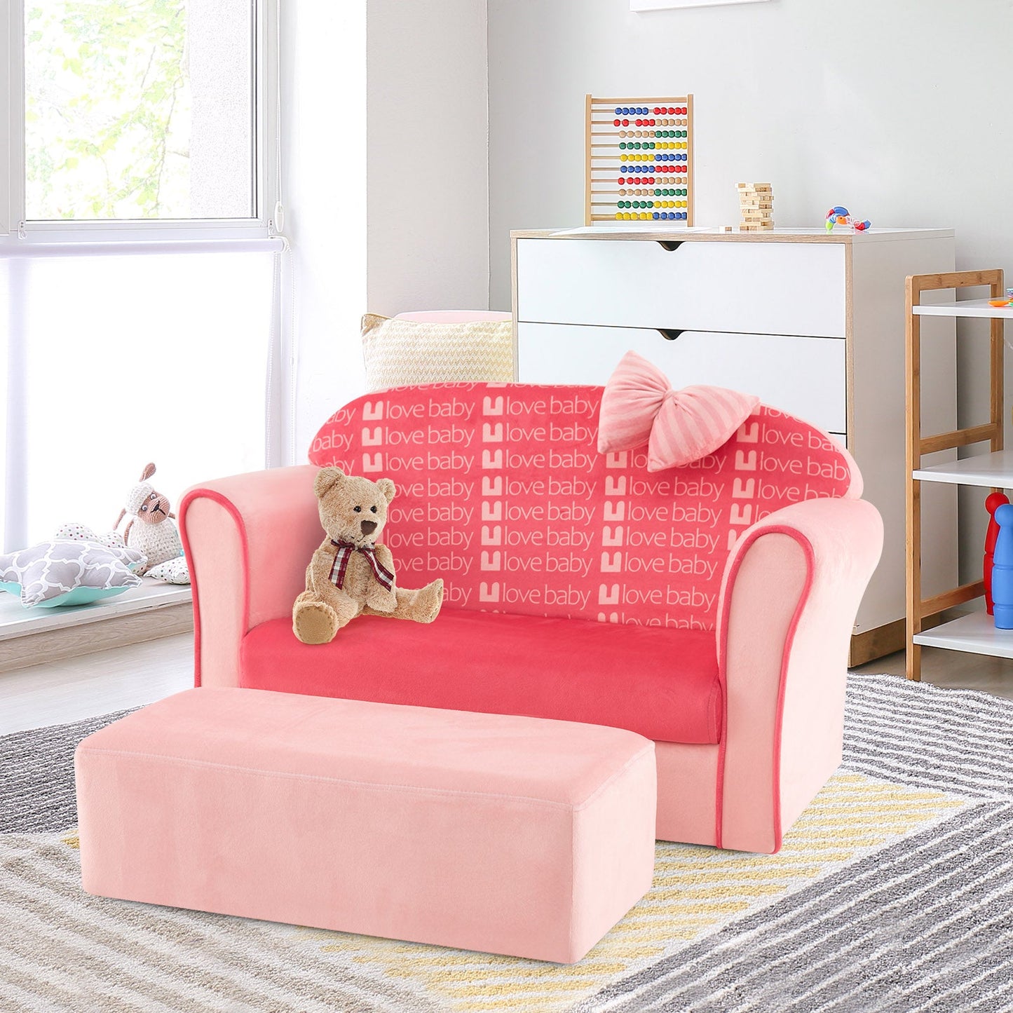 Fauteuil pour enfants en velours ultra doux avec ottoman - Rose