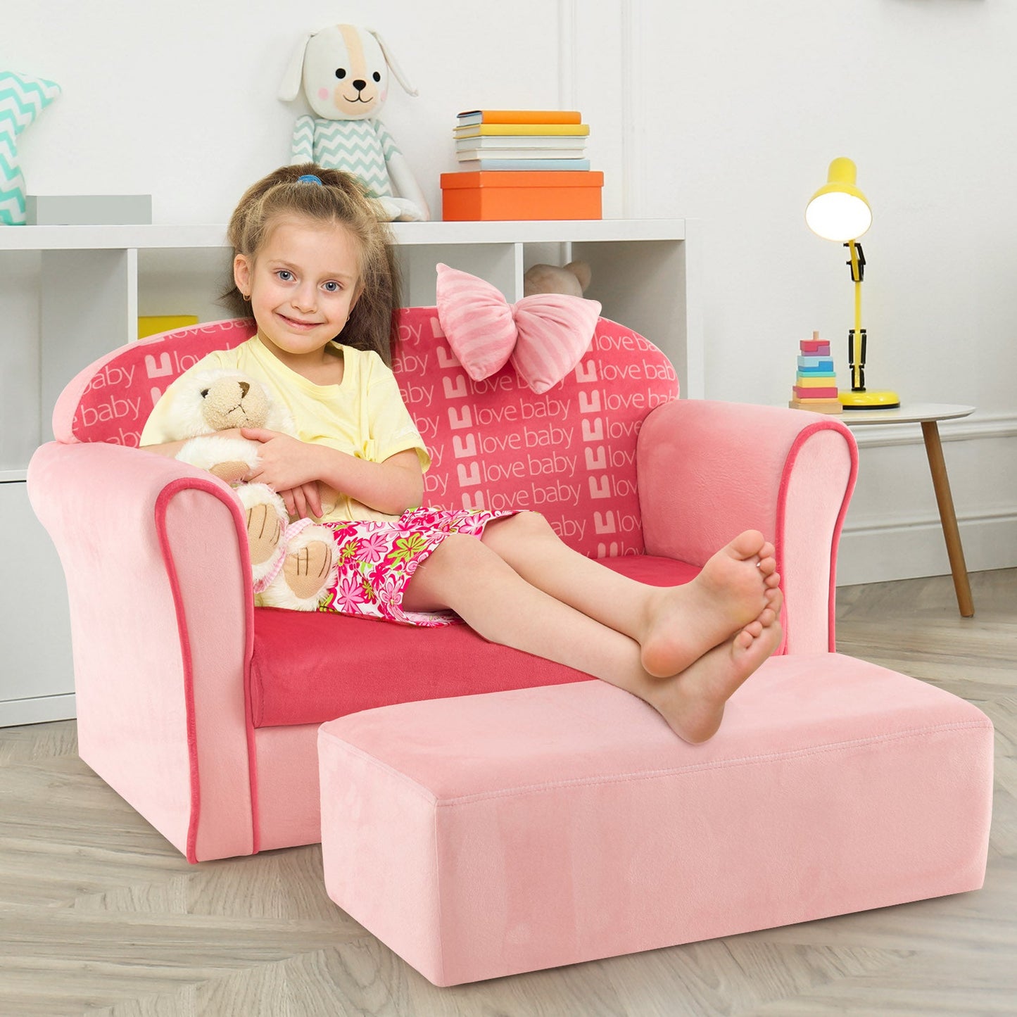 Fauteuil pour enfants en velours ultra doux avec ottoman - Rose