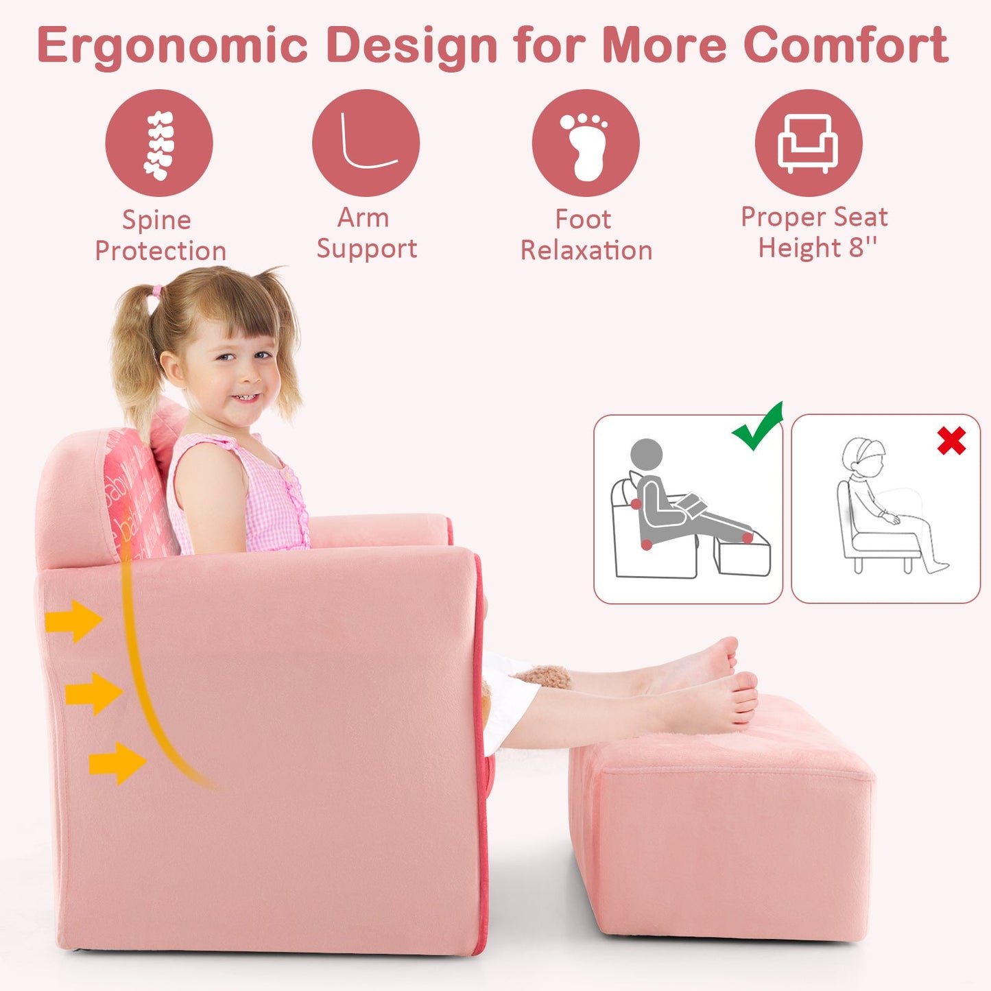 Fauteuil pour enfants en velours ultra doux avec ottoman - Rose