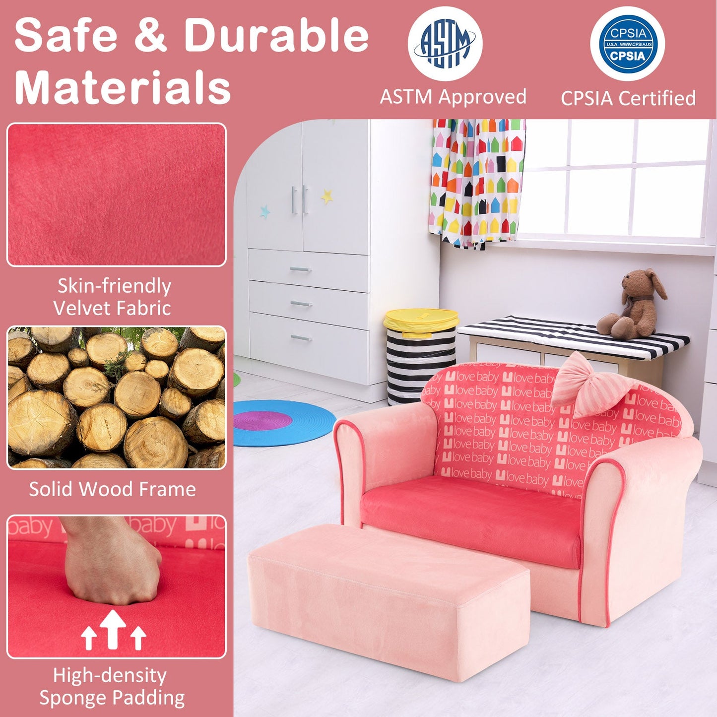 Fauteuil pour enfants en velours ultra doux avec ottoman - Rose