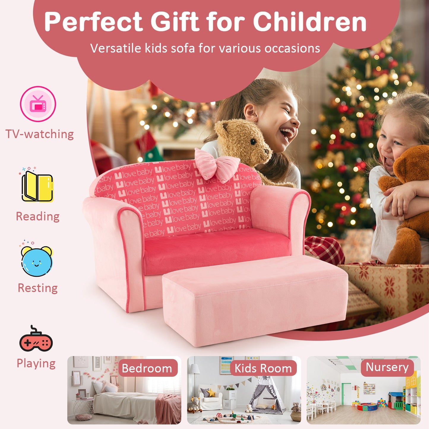 Fauteuil pour enfants en velours ultra doux avec ottoman - Rose