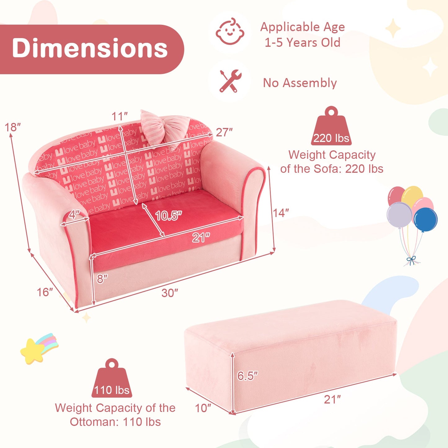 Fauteuil pour enfants en velours ultra doux avec ottoman - Rose
