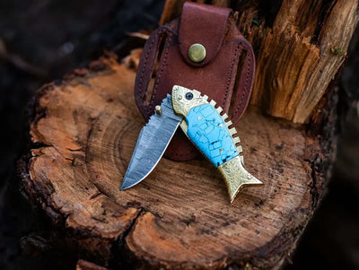 Artisan Crafted Fish-Inspired Damascus Steel Folding Knife with Epoxy Resin Handle & Brass Details - Includes Premium Leather Sheath - Korvel