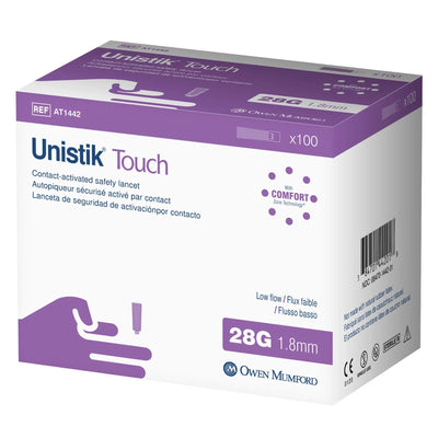 Lancetas de Seguridad Unistik Touch de Bajo Flujo, 28G x 1.8mm, 100 Unidades