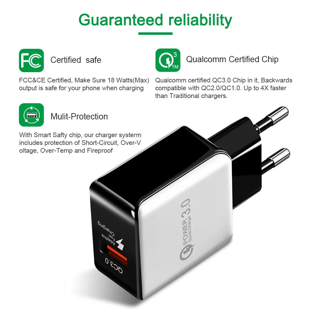 Cargador USB QC3.0 Enchufe EU Adaptador Rápido 18W