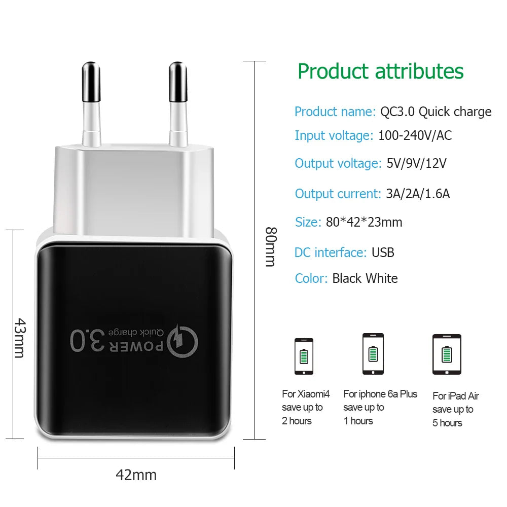 Cargador USB QC3.0 Enchufe EU Adaptador Rápido 18W