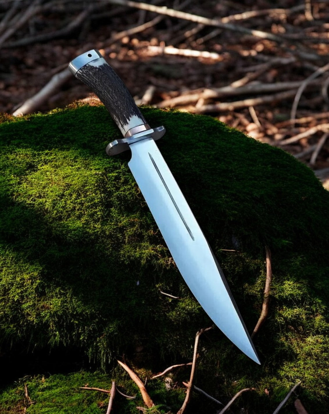 Premium 18-Inch Bowie Knife with Custom Leather Sheath – D2 Steel & Stag Horn Handle - Korvel