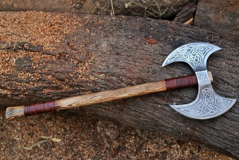 Handcrafted Double-Head Viking Axe | High Carbon Steel | Ash Wood Handle & Leather Sheath - Korvel