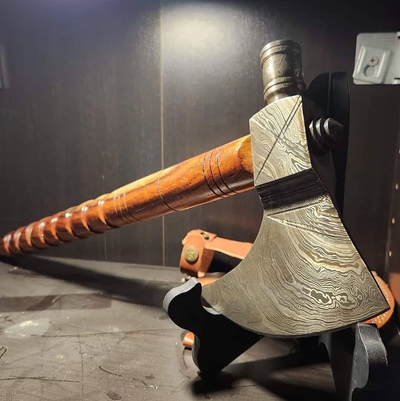Exquisite Damascus Smoke Pipe Tomahawk with Rosewood Handle & Leather Sheath - Korvel
