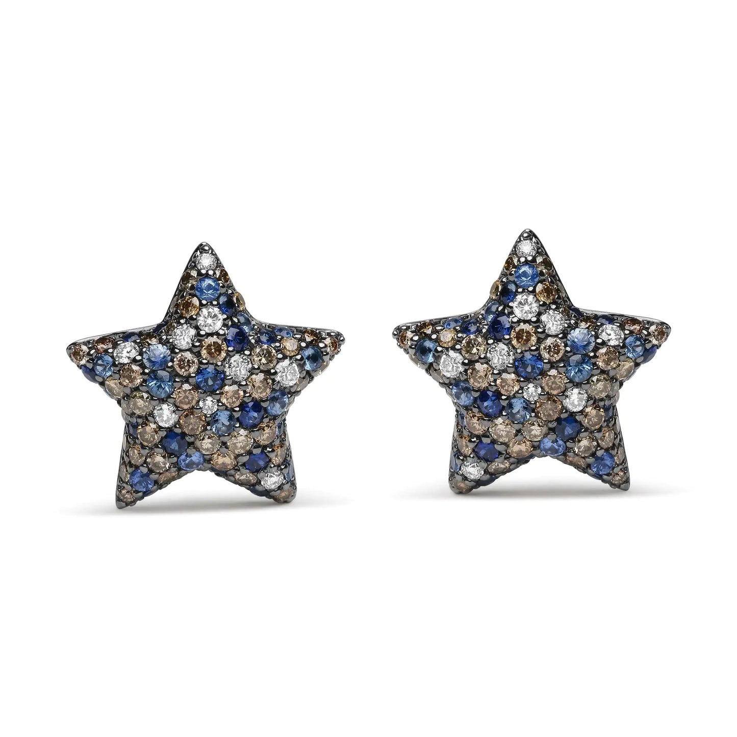 Boucles d'oreilles étoile en or blanc 18K plaqué rhodium noir avec diamants et saphirs bleus
