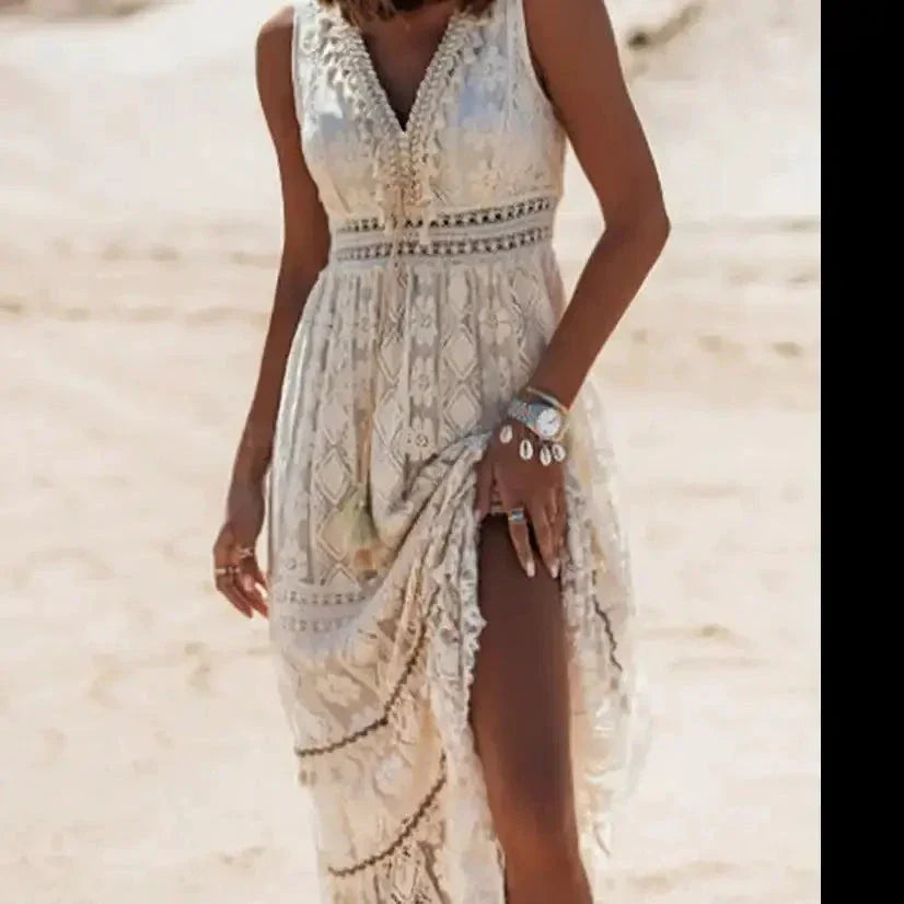 Robe Maxi à Col V avec Dentelle