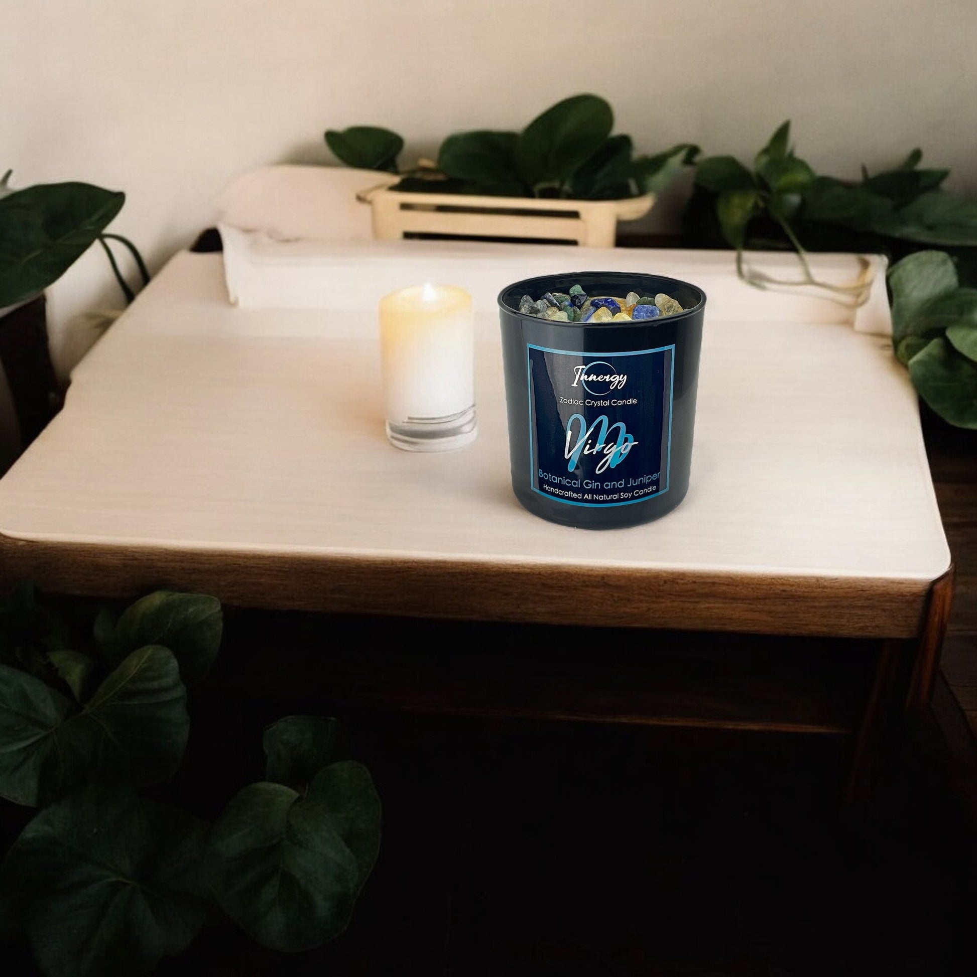 Virgo Crystal Infused Candle with Citrine, Lapis Lazuli & Green Aventurine | 9oz Coconut-Soy Blend - Korvel