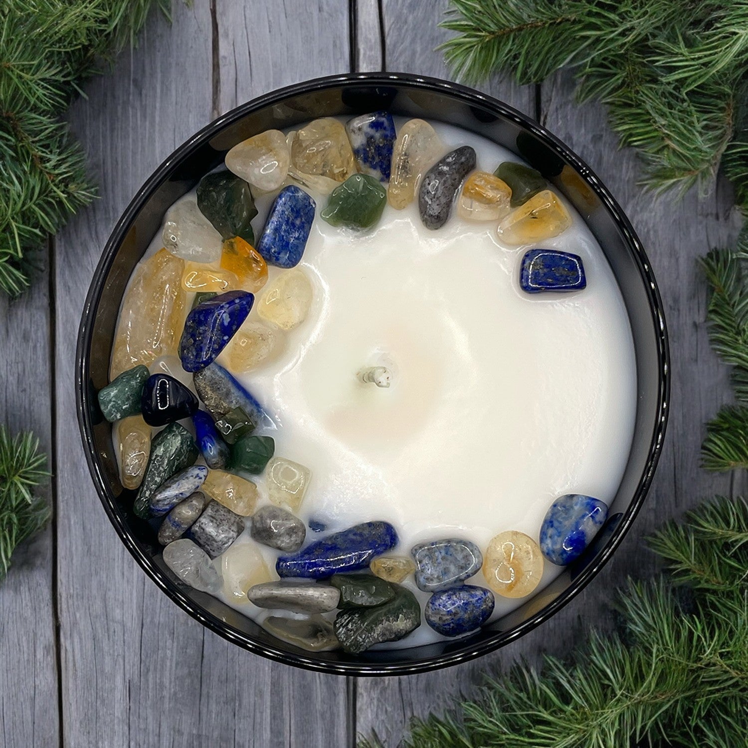Virgo Crystal Infused Candle with Citrine, Lapis Lazuli & Green Aventurine | 9oz Coconut-Soy Blend - Korvel