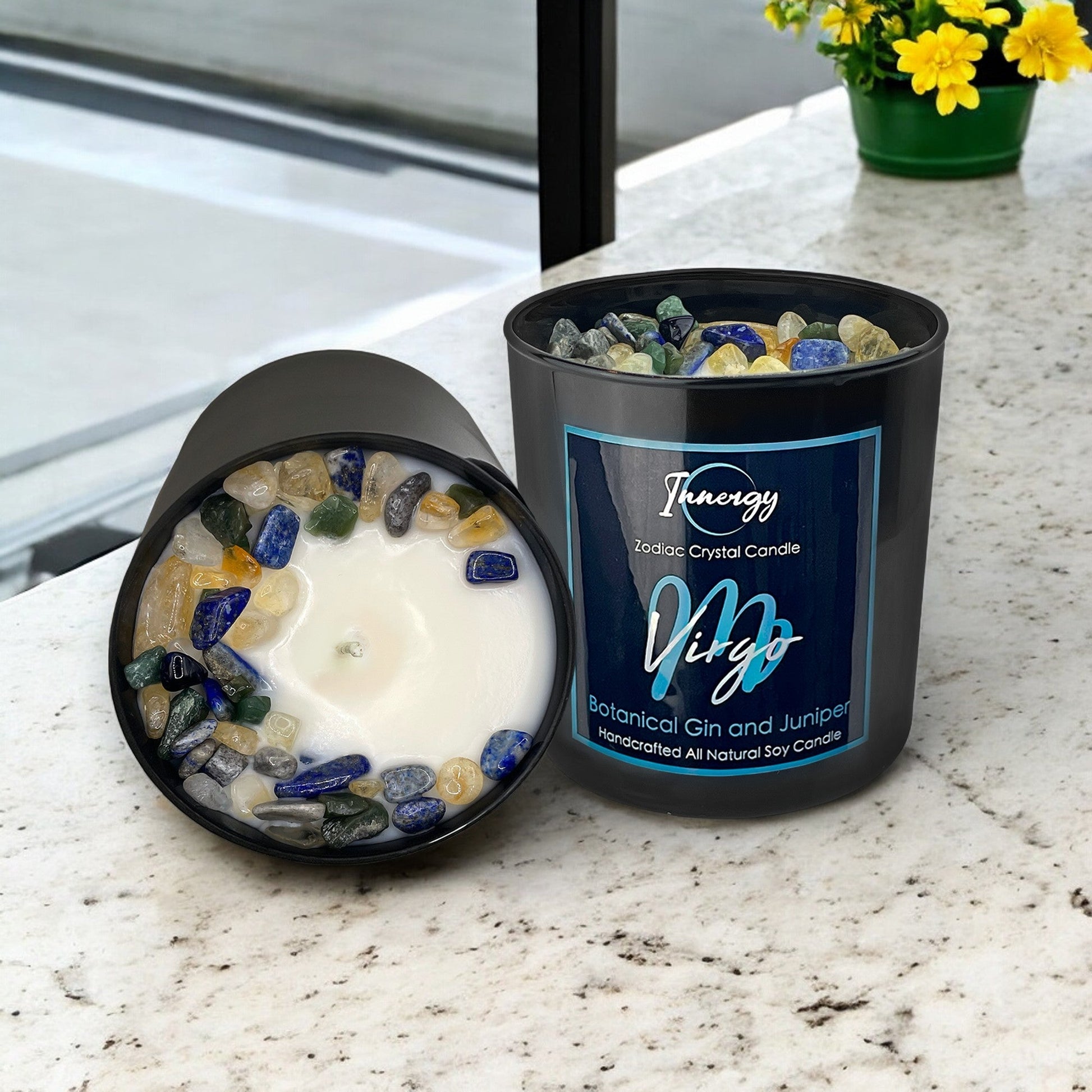 Virgo Crystal Infused Candle with Citrine, Lapis Lazuli & Green Aventurine | 9oz Coconut-Soy Blend - Korvel