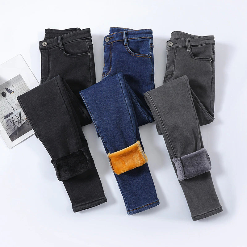 Velvet-Lined Thick Denim Pants for Ultimate Comfort