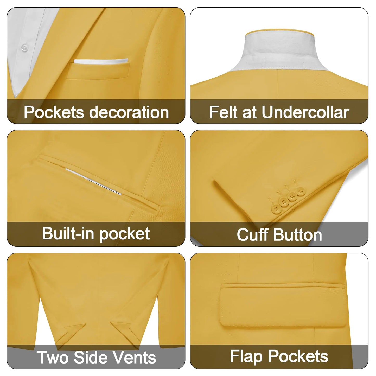 MAGE MALE Men's 3-Piece Slim Fit Suit in Medium Yellow