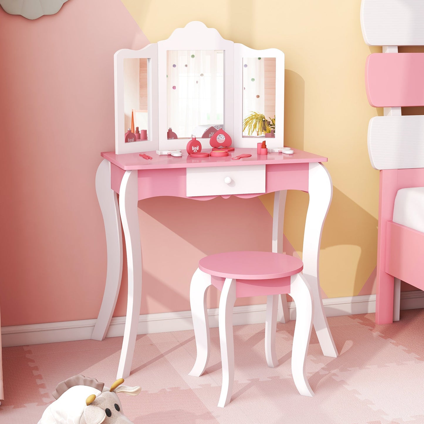 Ensemble de table de maquillage en bois pour enfants avec tabouret et miroir à 3 panneaux - Blanc