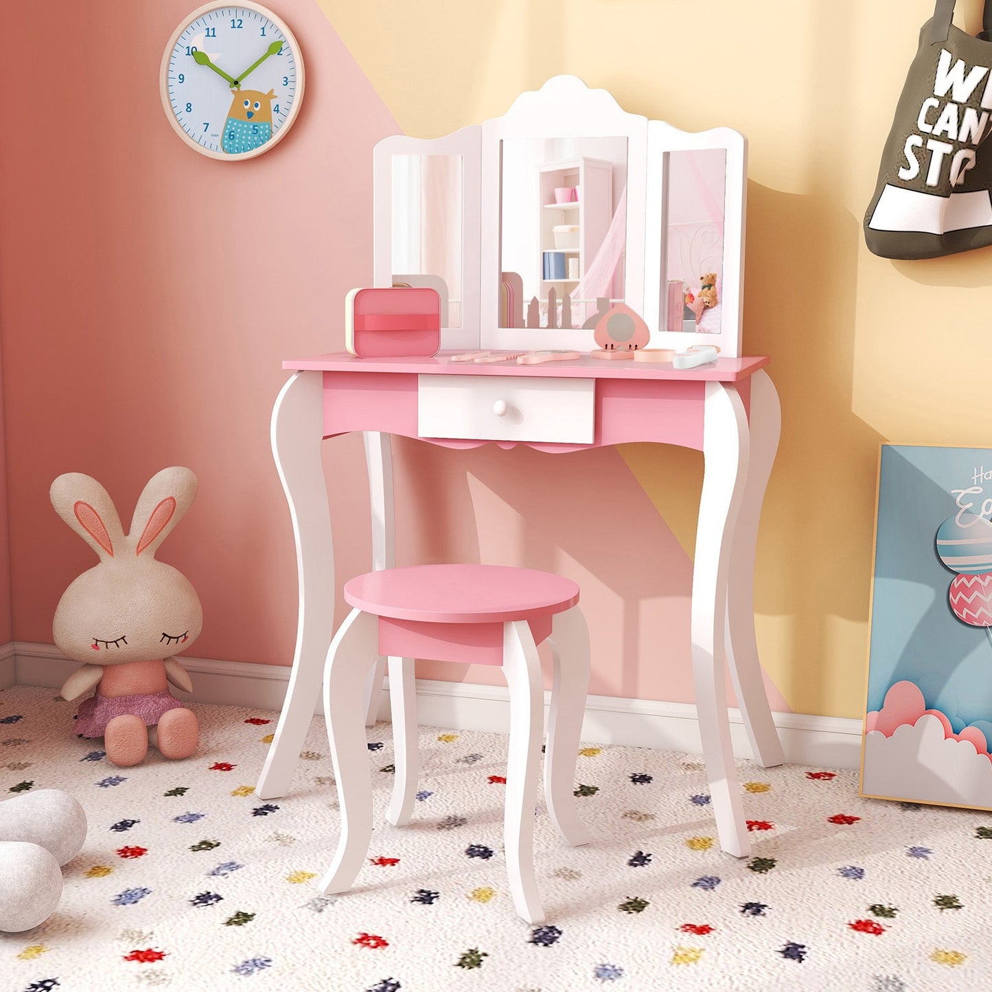 Ensemble de table de maquillage en bois pour enfants avec tabouret et miroir à 3 panneaux - Blanc