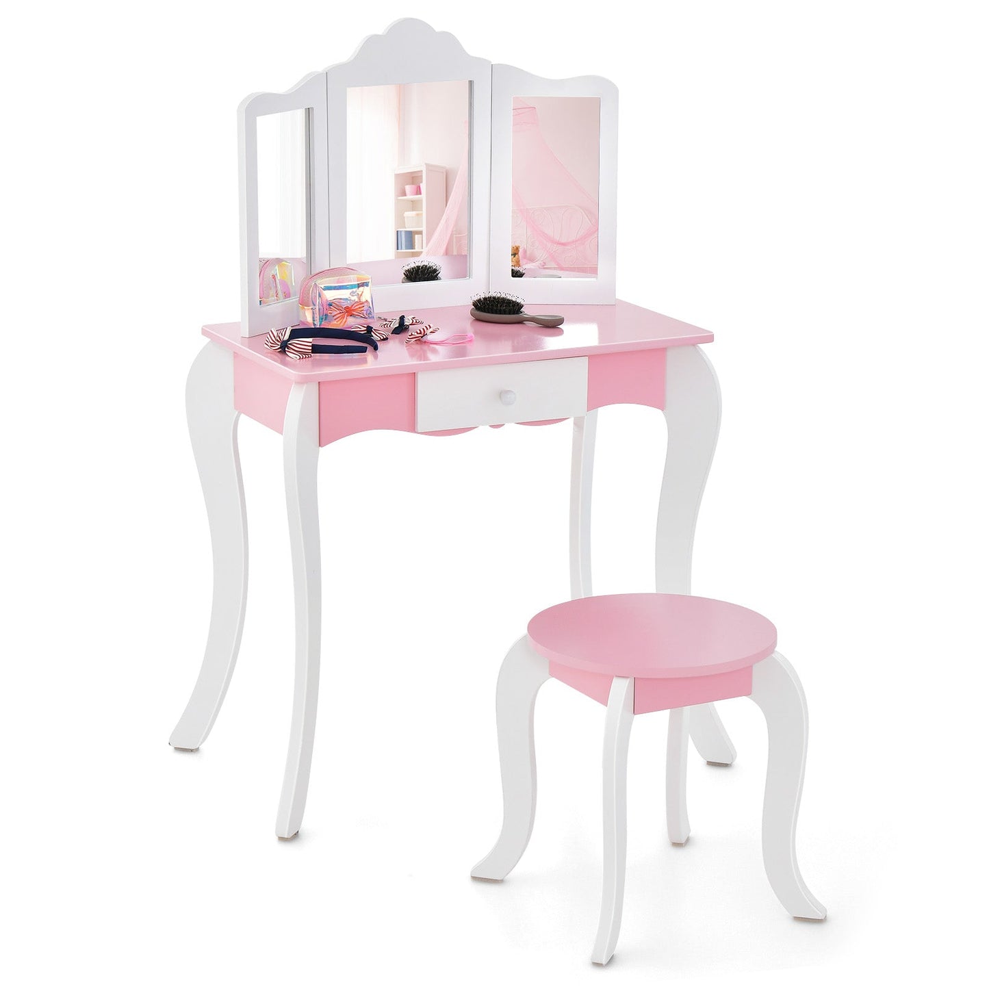 Ensemble de table de maquillage en bois pour enfants avec tabouret et miroir à 3 panneaux - Blanc