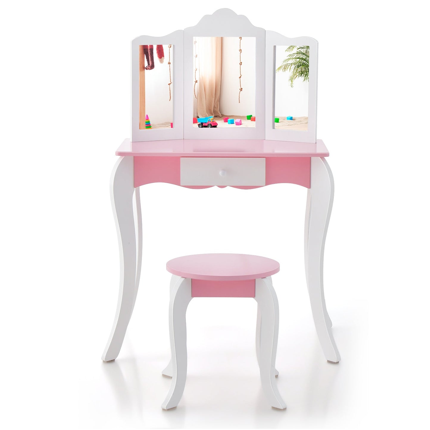Ensemble de table de maquillage en bois pour enfants avec tabouret et miroir à 3 panneaux - Blanc