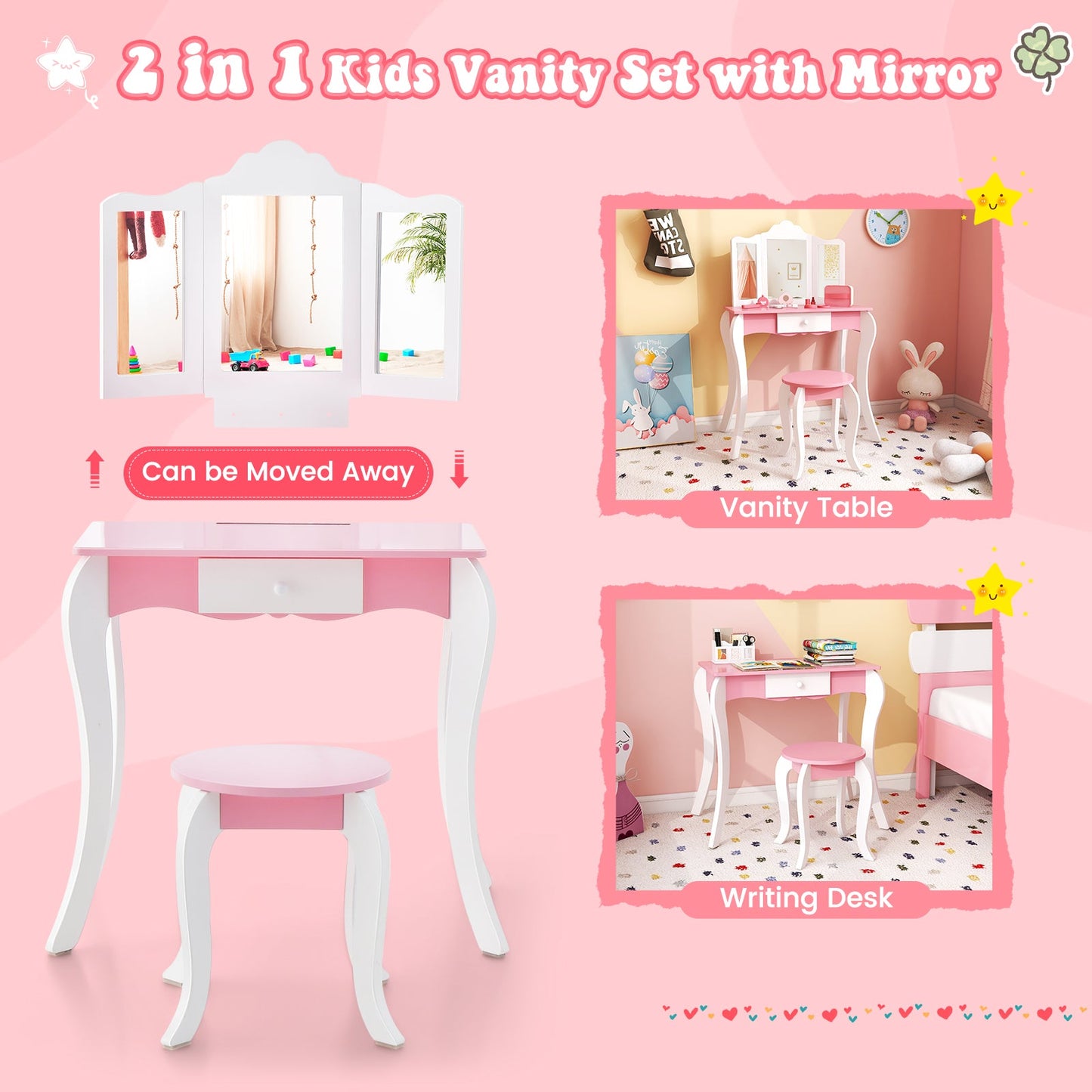 Ensemble de table de maquillage en bois pour enfants avec tabouret et miroir à 3 panneaux - Blanc