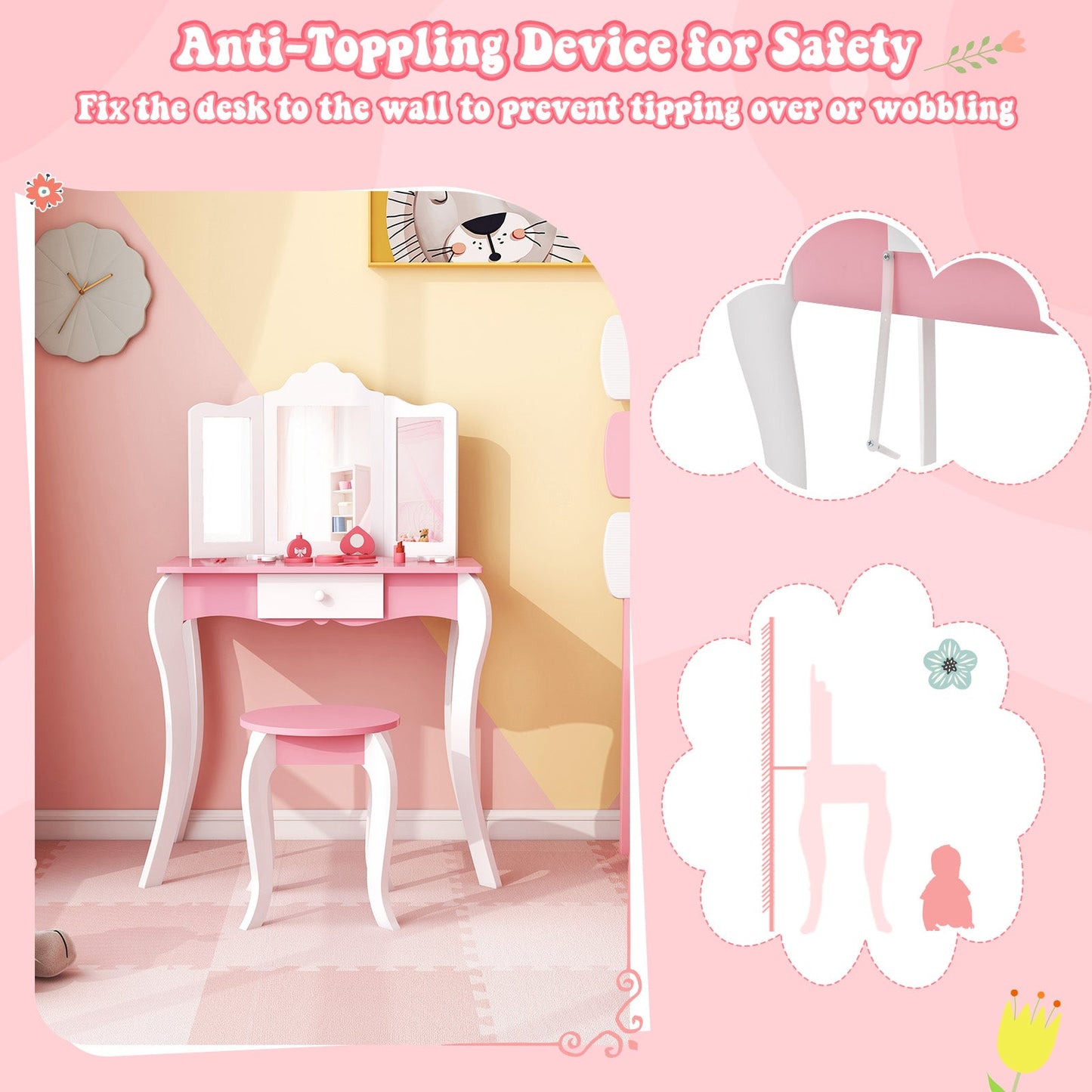 Ensemble de table de maquillage en bois pour enfants avec tabouret et miroir à 3 panneaux - Blanc