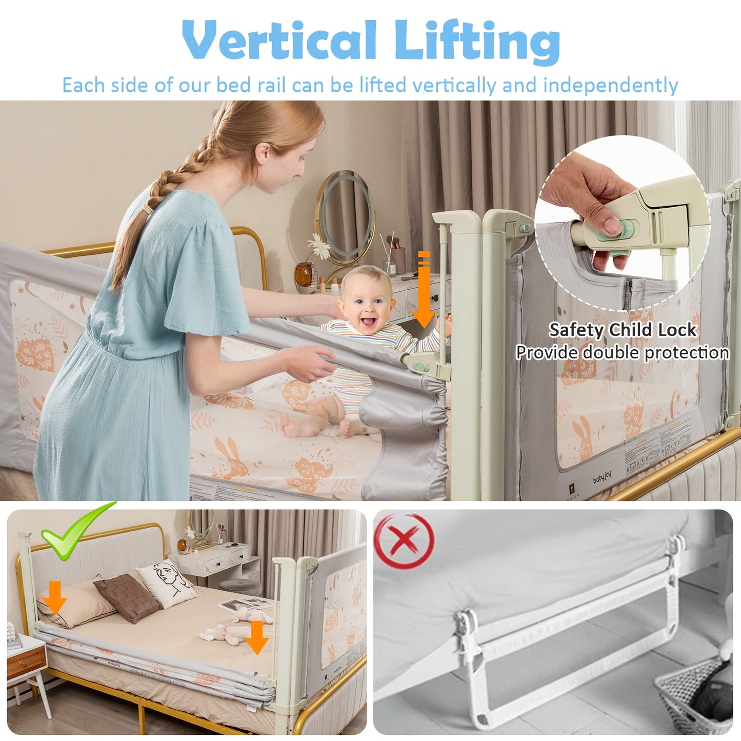 Barandilla de Cama Elevadora Vertical para Niños Pequeños con Doble Bloqueo - 59 Pulgadas