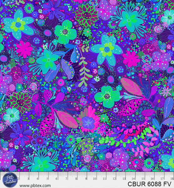 Tela de Algodón Floral en Azul-Púrpura Vibrante - 44"/45" por Yarda