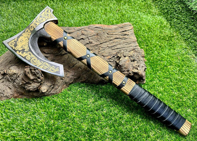 Custom Engraved Viking Hatchet with 1095 Steel Blade & Leather-Wrapped Ash Handle – Battle Forge - Korvel