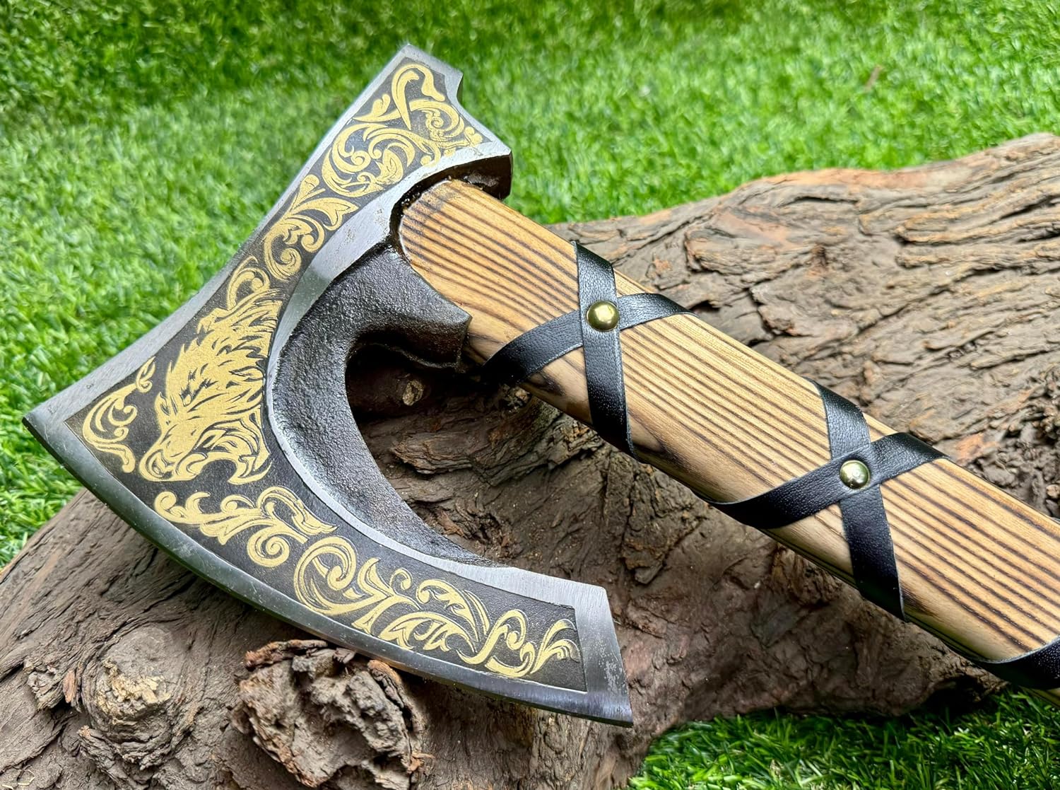 Custom Engraved Viking Hatchet with 1095 Steel Blade & Leather-Wrapped Ash Handle – Battle Forge - Korvel