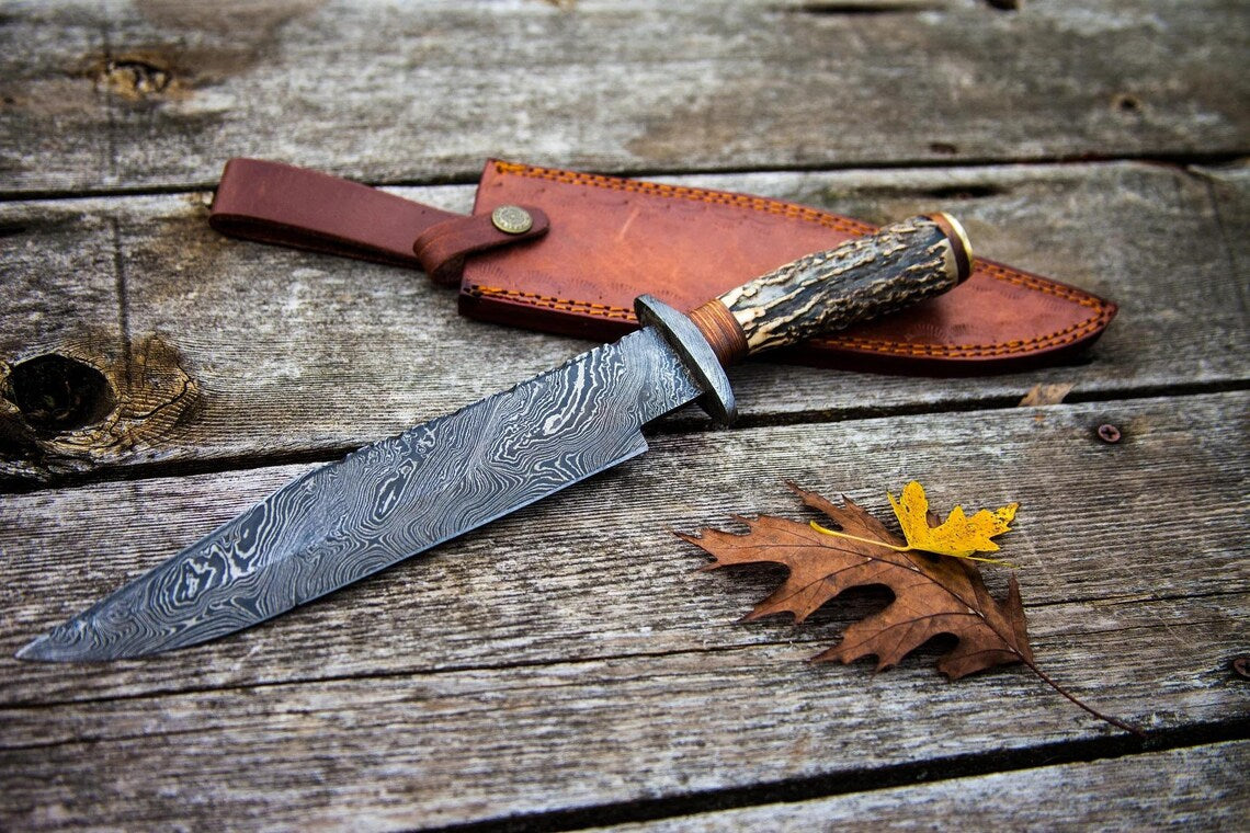 Authentic 1800s Bowie Knife – 15" Damascus Steel Blade with Stag Horn Handle & Leather Sheath - Korvel