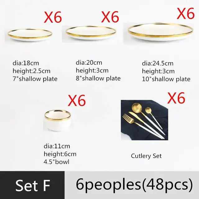Ensemble de Plateaux à Dîner en Porcelaine Blanche à Bord Doré Mat