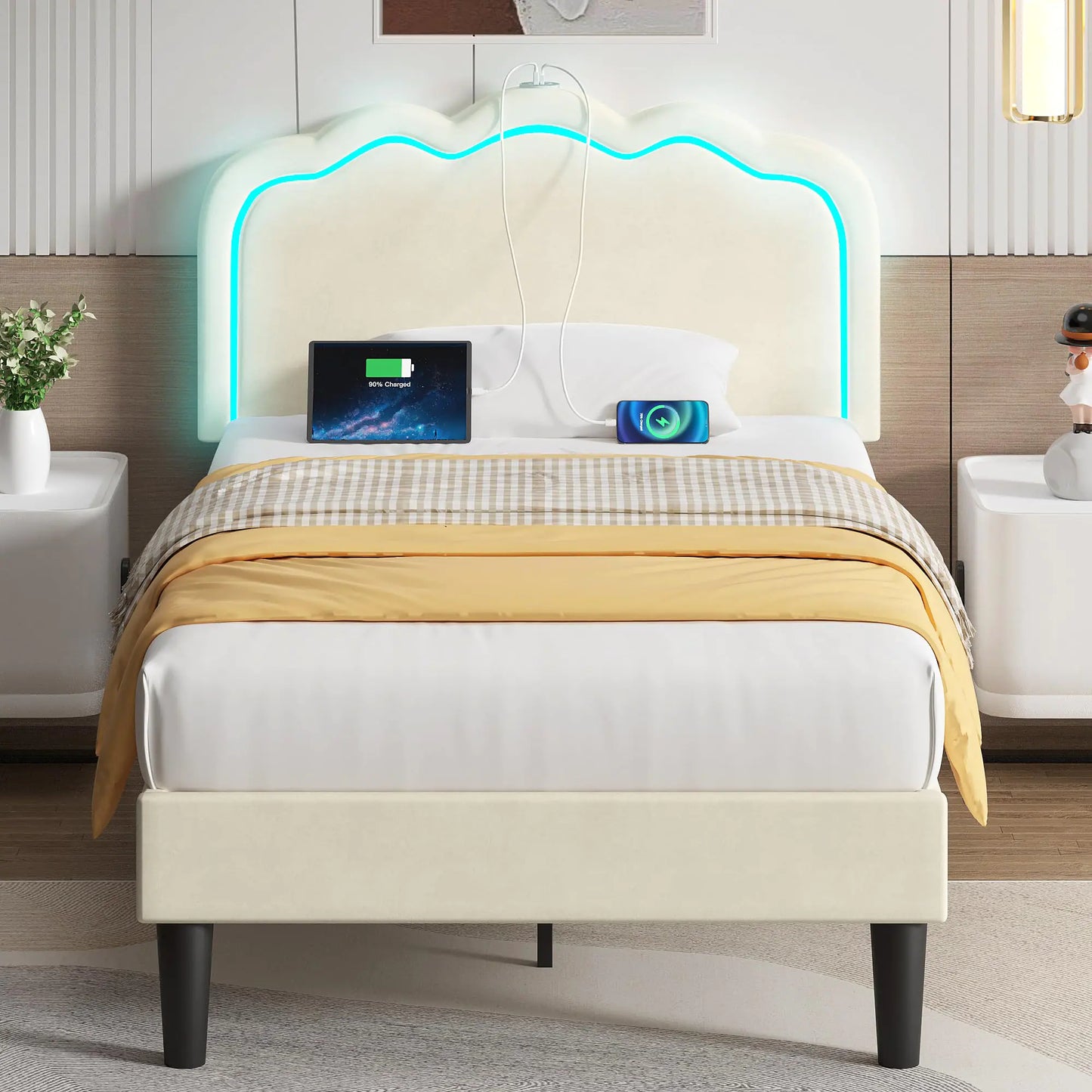 VECELO Upholstered Twin Bed Frame with Adjustable LED Lights