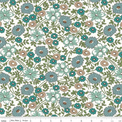 Tissu Large Prairie Flower Teal Naturel par Yard