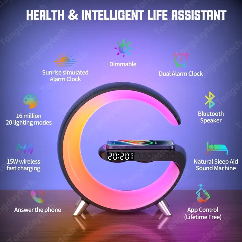 Wireless Charger Alarm Clock with Speaker and RGB Light