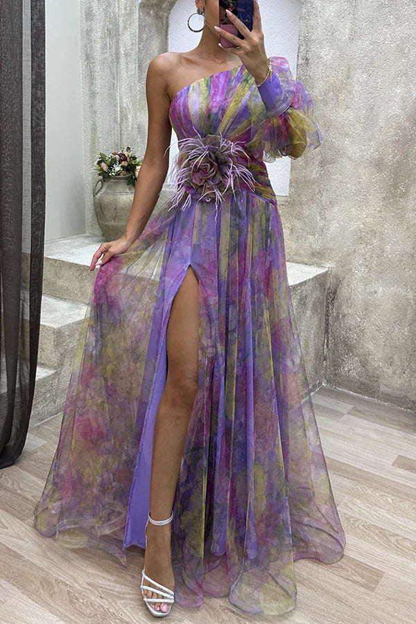 Mesh Tie-Dye Printed Off-Shoulder Slit Dress