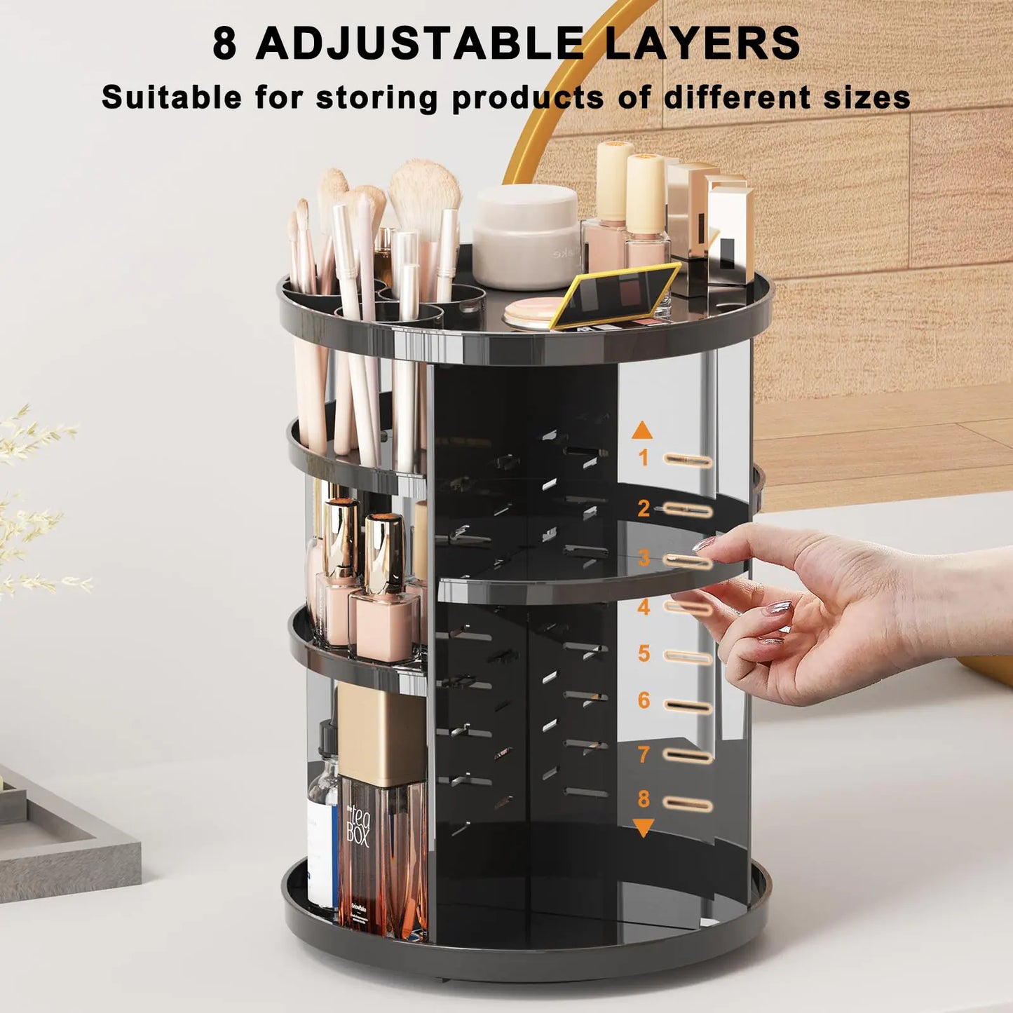Organisateur de maquillage rotatif premium avec plateaux ajustables