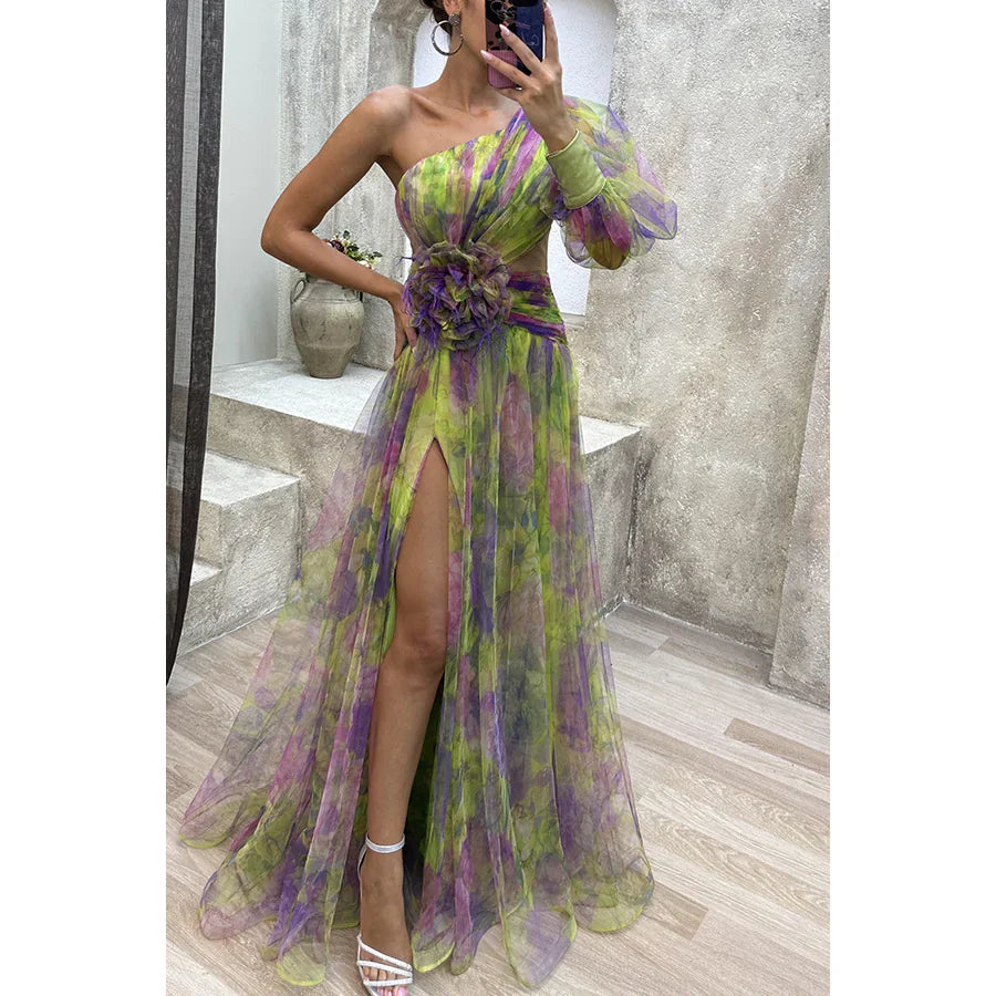 Mesh Tie-Dye Printed Off-Shoulder Slit Dress