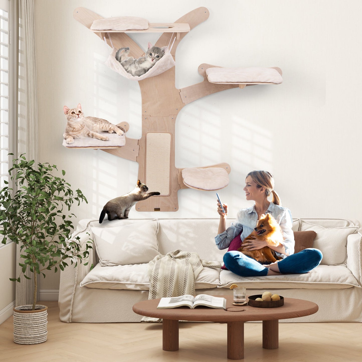 Torre para Gatos Montada en la Pared de Calidad Premium con Hamaca y Alfombrilla para Rascar
