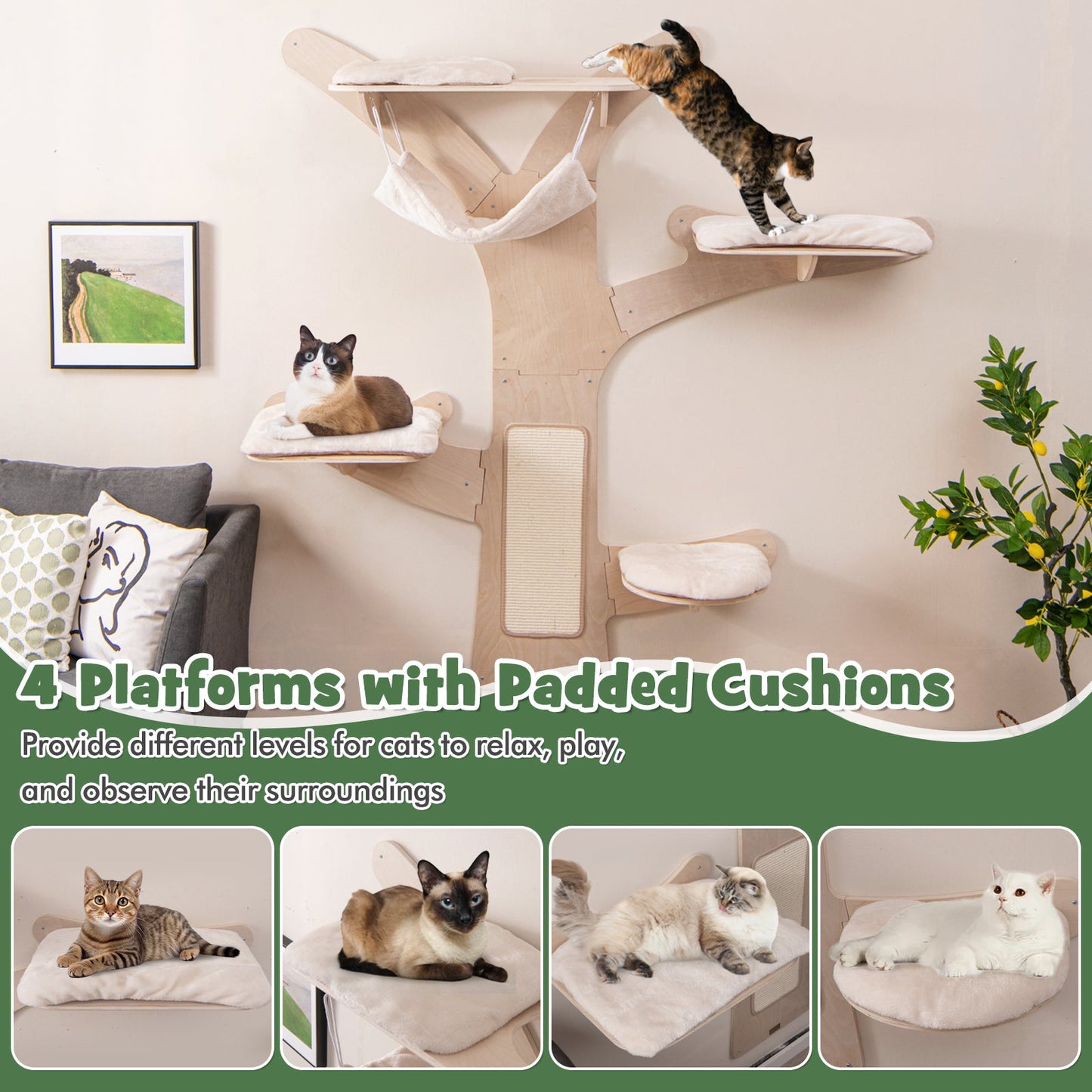 Torre para Gatos Montada en la Pared de Calidad Premium con Hamaca y Alfombrilla para Rascar