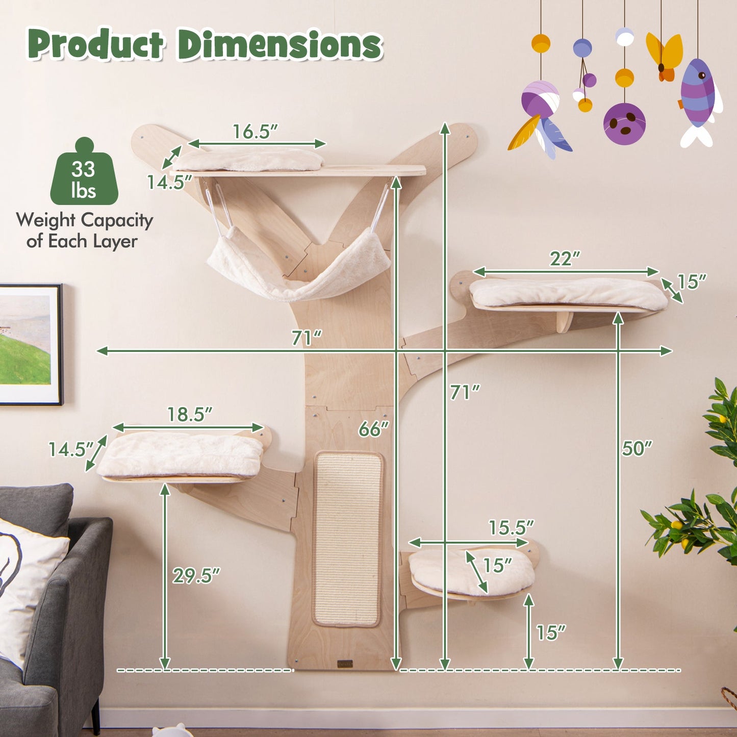 Torre para Gatos Montada en la Pared de Calidad Premium con Hamaca y Alfombrilla para Rascar
