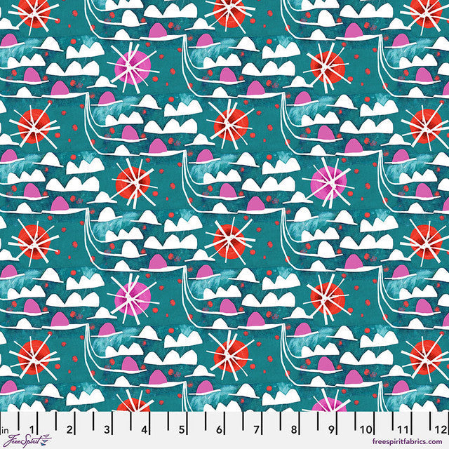 Waves Teal Colori Cotton Fabric - 44"/45" Per Yard