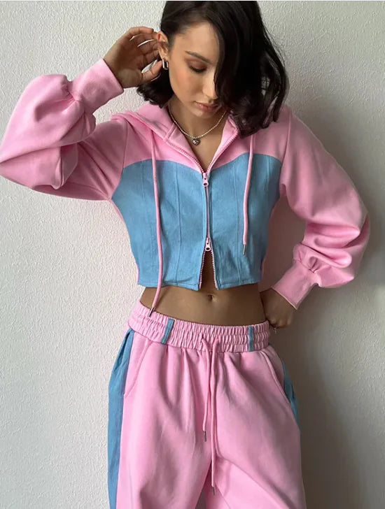 Conjunto de Cárdigan y Pantalones de Sudadera en Color Block Casual